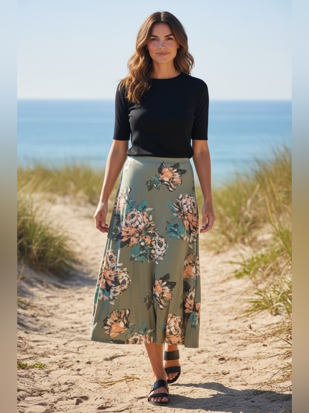 J. Jill Olive Green Floral Midi Skirt with Peach and Teal Blooms